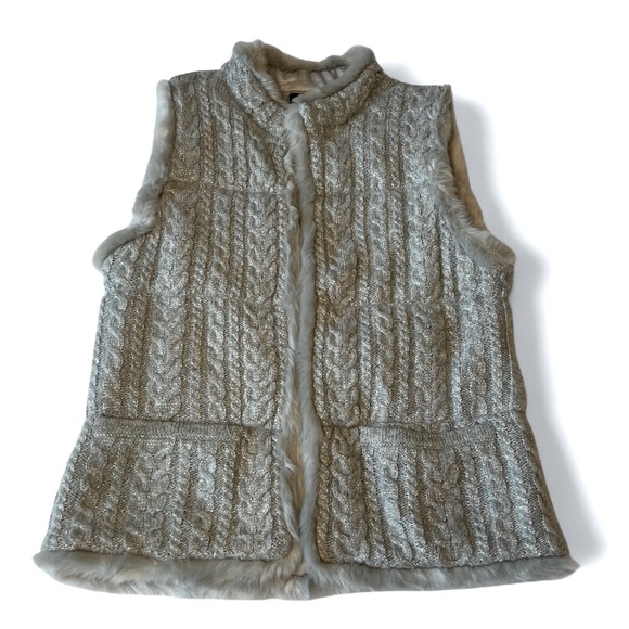Talbots Wool Blend Cable knit Sweater Vest Faux Fur Metallic  Lining SZ SP - Picture 2 of 16
